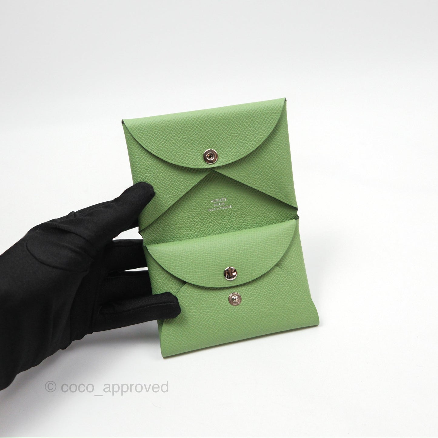 Hermès Calvi Duo Compact Card Holder 3I Vert Criquet Epsom Palladium Hardware