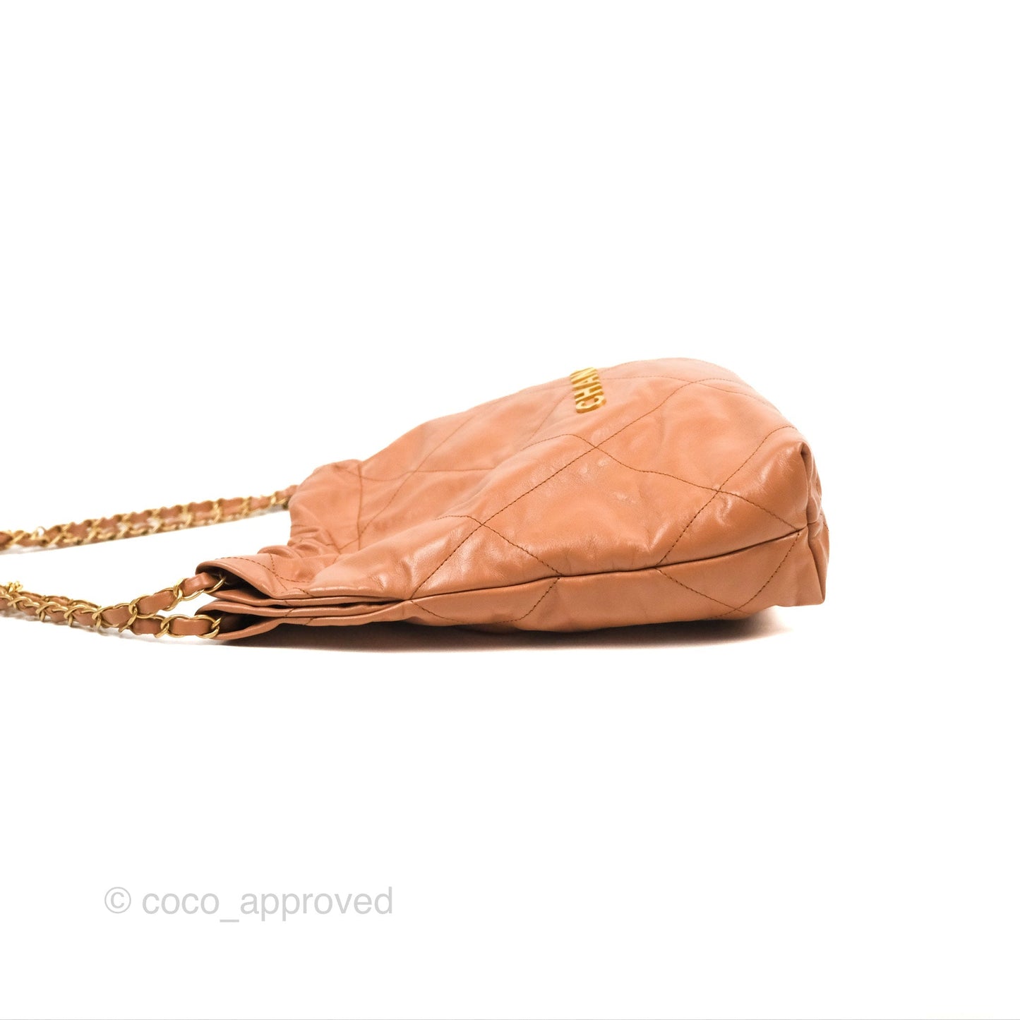 Chanel 22 Small Caramel Beige Shiny Calfskin Aged Gold Hardware