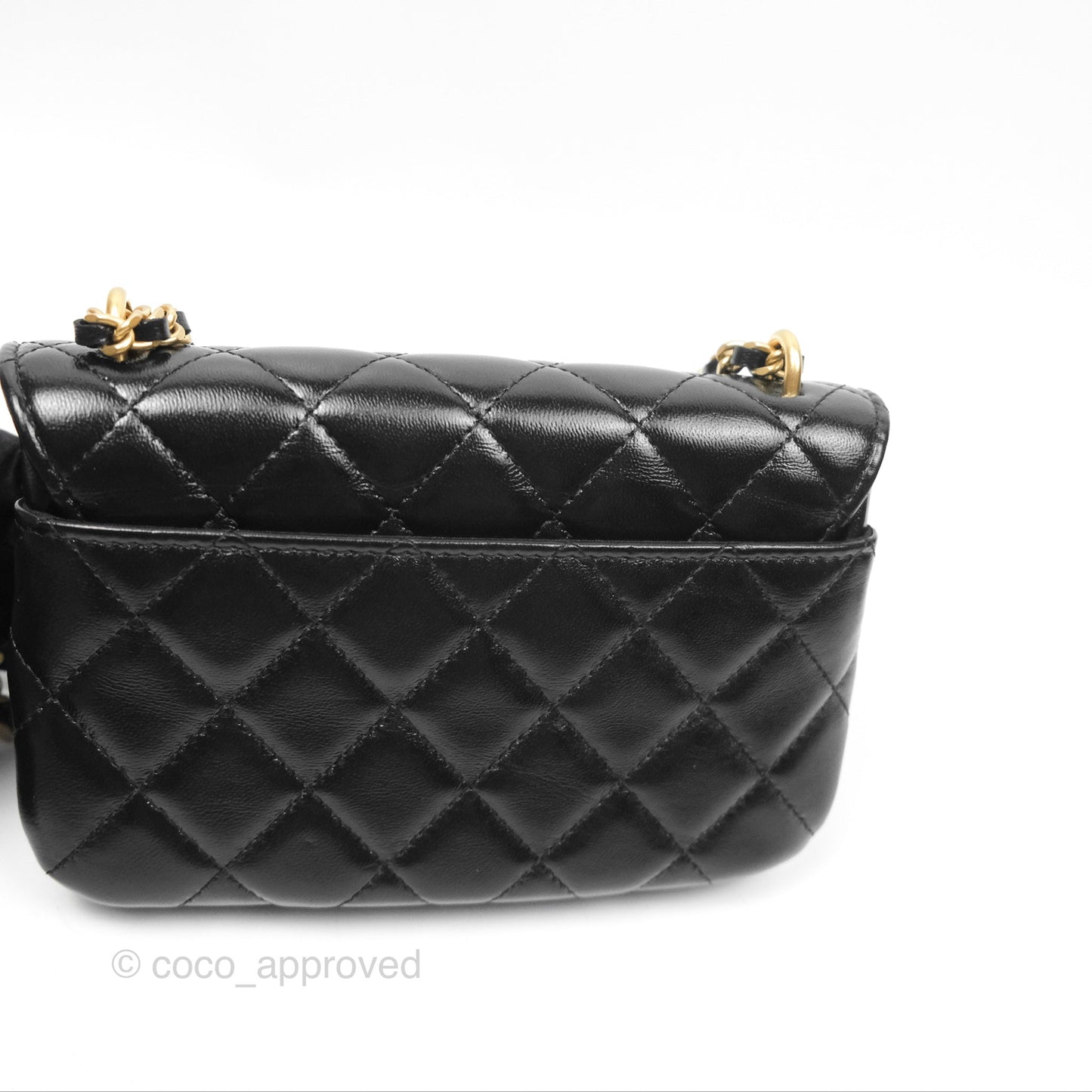Chanel Flap Phone Holder With Chain Quilted Black Shiny Lambskin