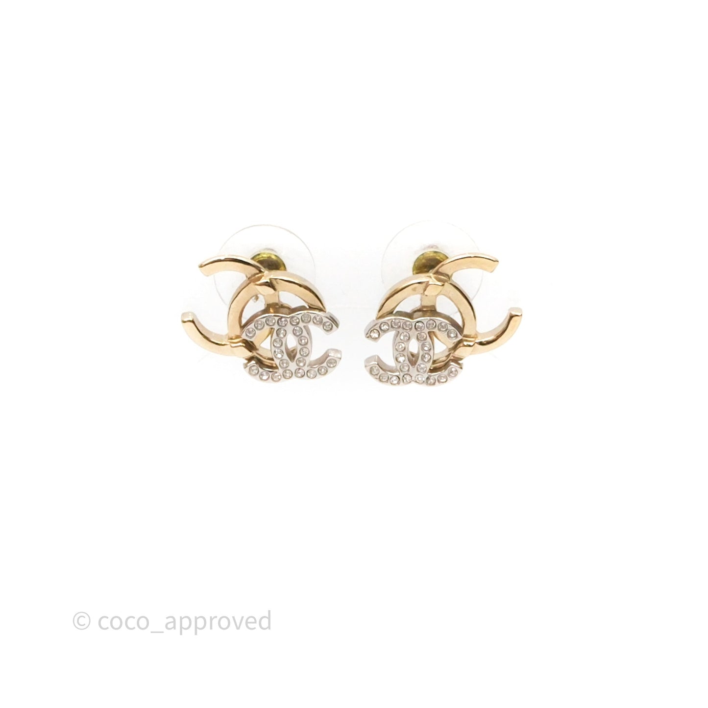 Chanel Double Crystal CC Earrings Silver & Gold Tone 21A