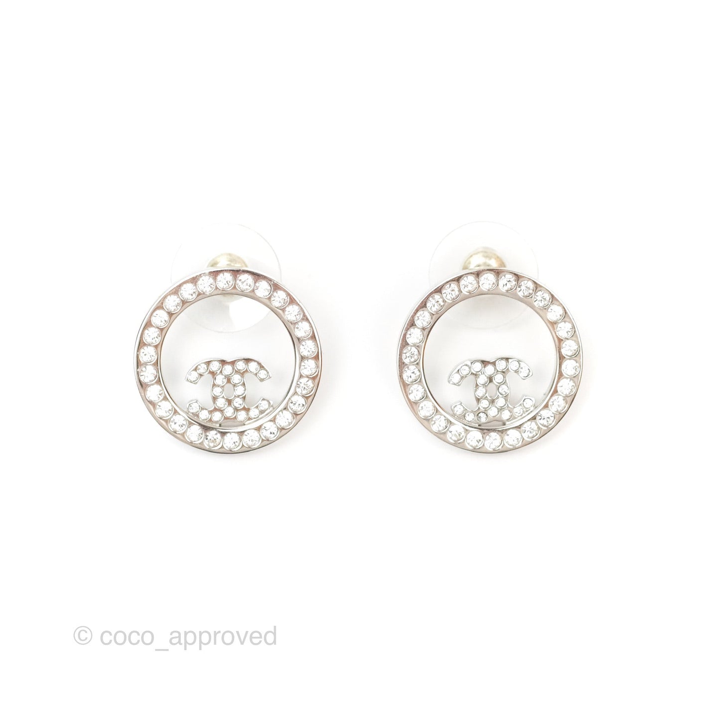 Chanel Crystal CC Round Earrings Silver Tone 23V