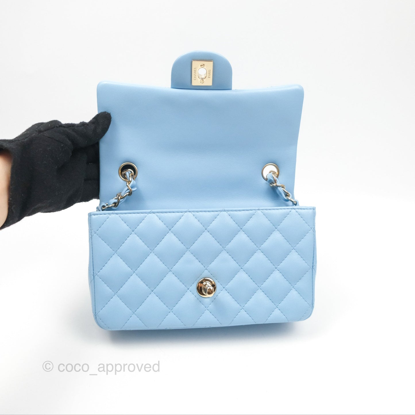 Chanel Quilted Mini Rectangular Flap Light Blue Lambskin Gold Hardware