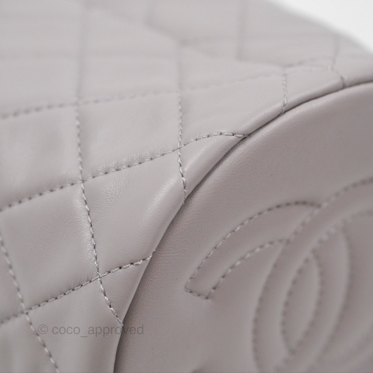 Chanel Pearl Crush Drawstring Bucket Bag Grey Lambskin Aged Gold Hardware