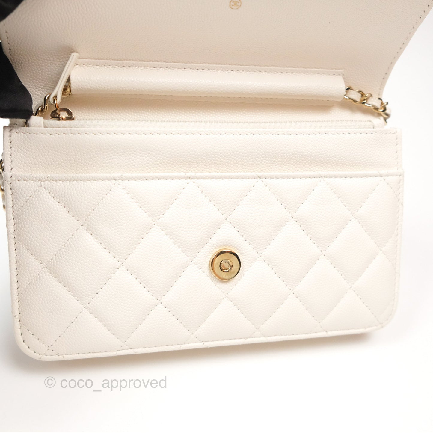Chanel Quilted Wallet On Chain WOC With Charms White Caviar Gold Hardware