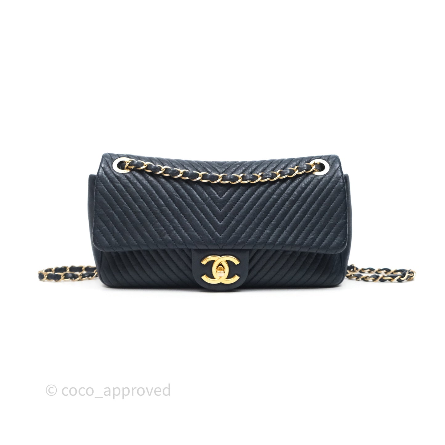 Chanel Medium Chevron Surpique Flap Navy Calfskin Aged Gold Hardware