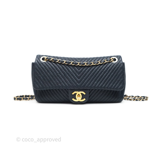 Chanel Medium Chevron Surpique Flap Navy Calfskin Aged Gold Hardware