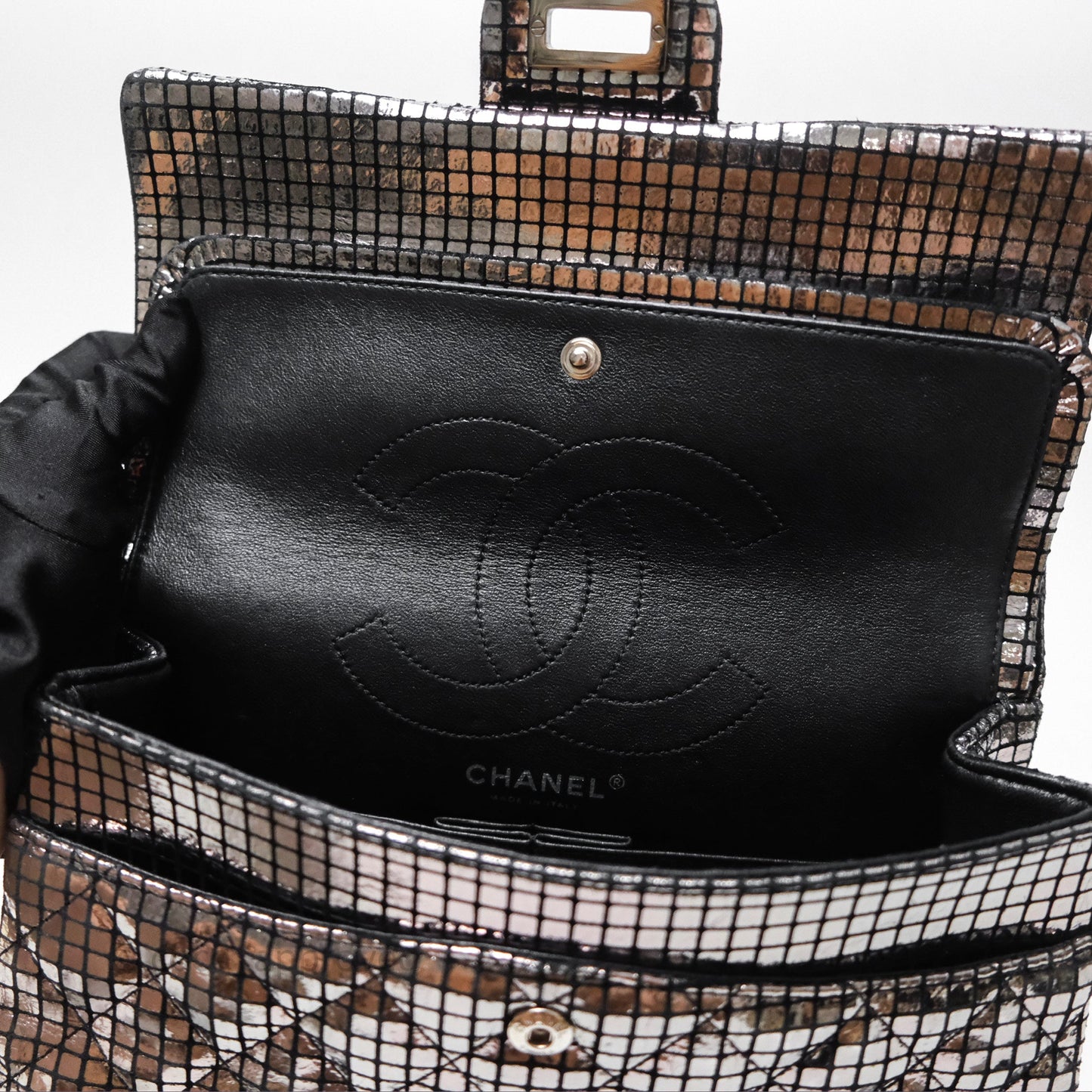Chanel Mirror Reissue 2.55 Quilted Silver Suede Calfskin Gun Metal Hardware