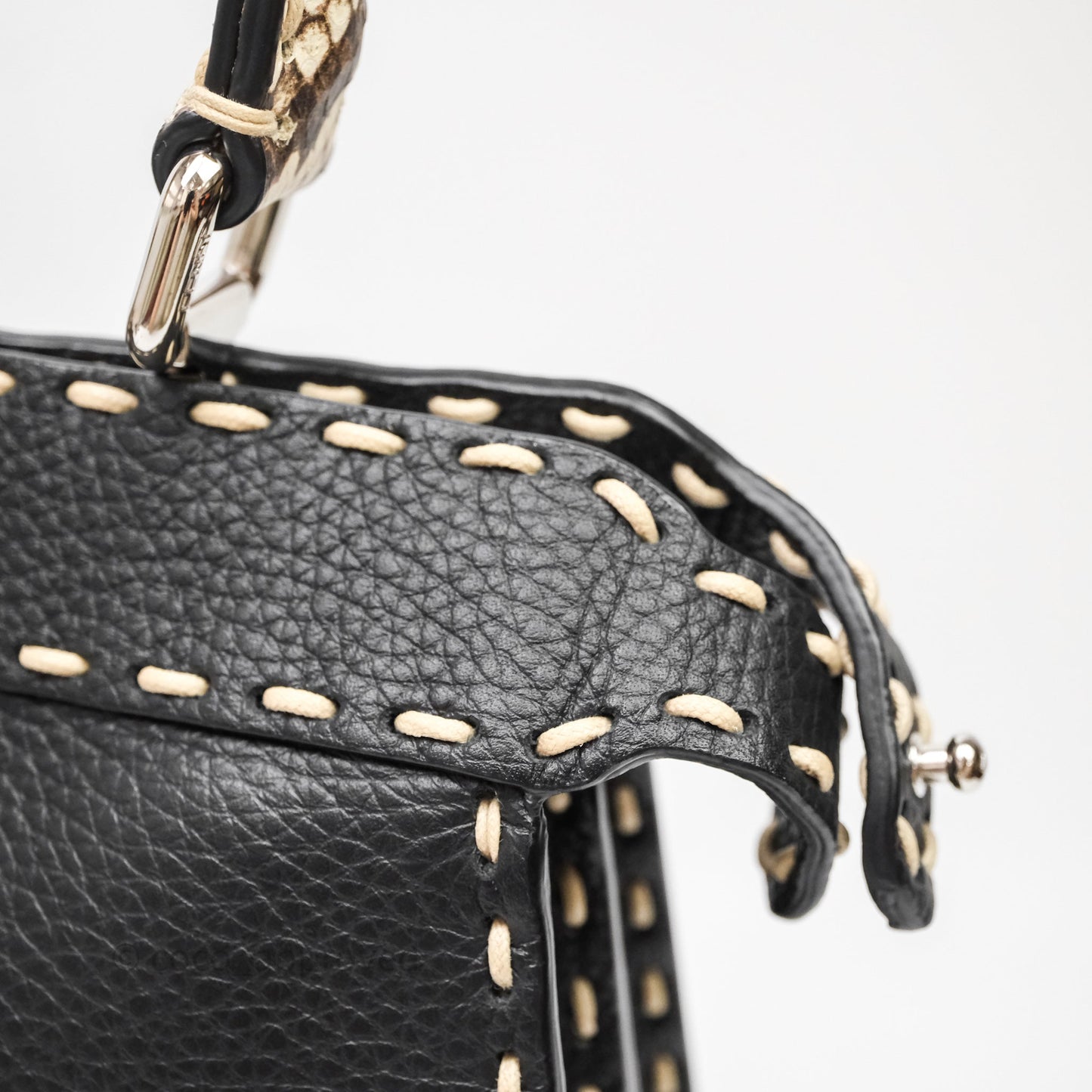 Fendi Peekaboo ISeeU Python Handle Handbag Black Calfskin Silver Hardware