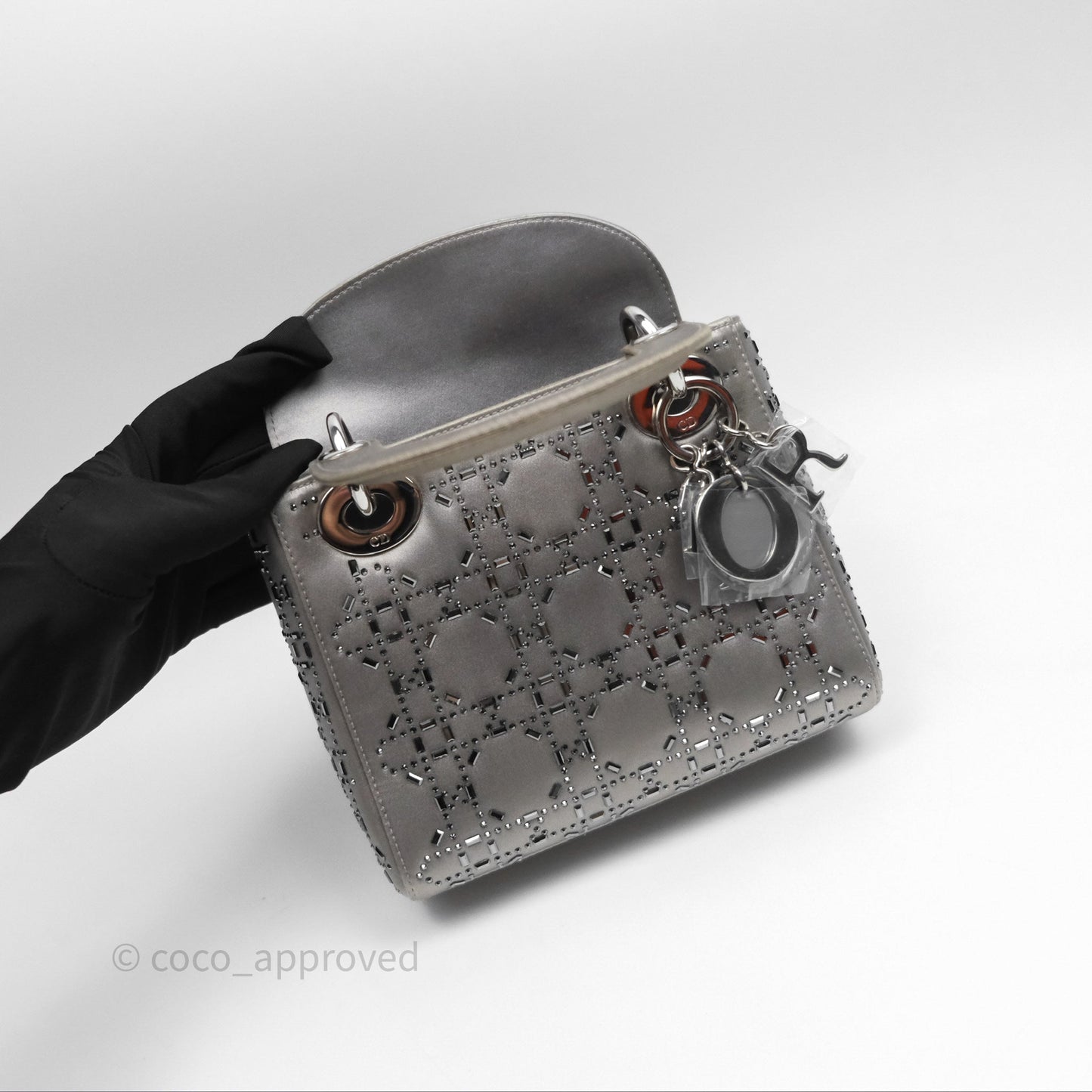 Christian Dior Mini Lady Dior Bag Grey Strass Cannage Satin Silver Hardware