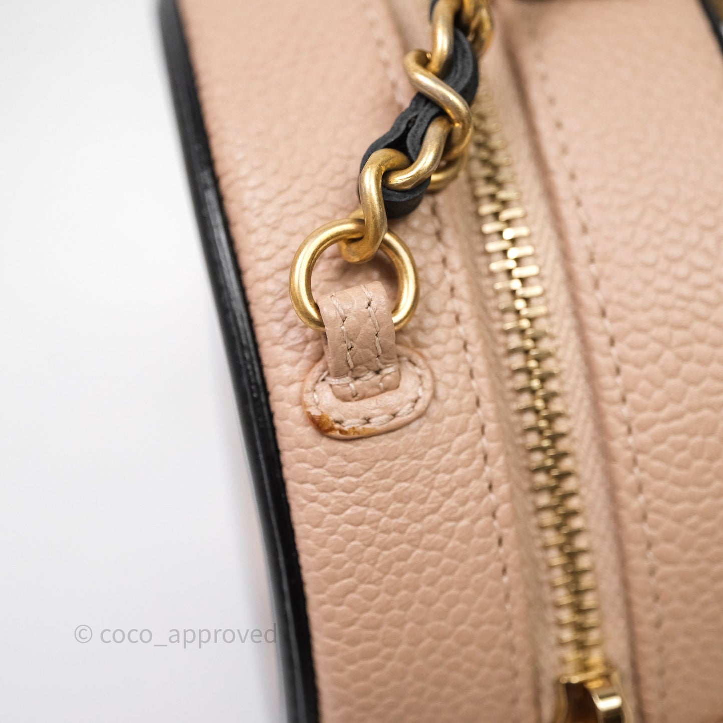 Chanel Quilted Round Filigree Clutch With Chain Beige/ Black Caviar Aged Gold Hardware