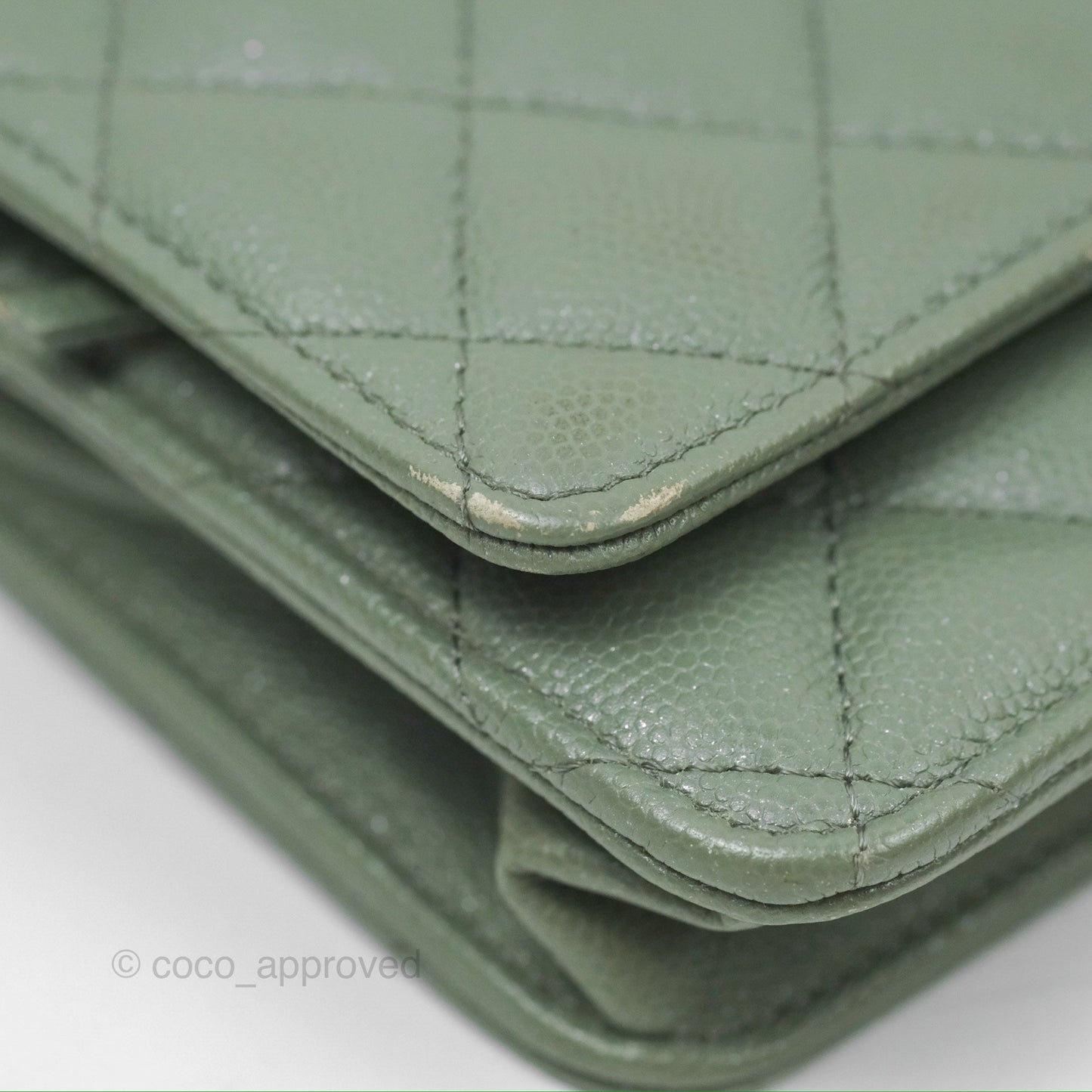 Chanel Classic Quilted Wallet On Chain WOC Glitter Dark Tiffany Green Caviar Aged Gold Hardware