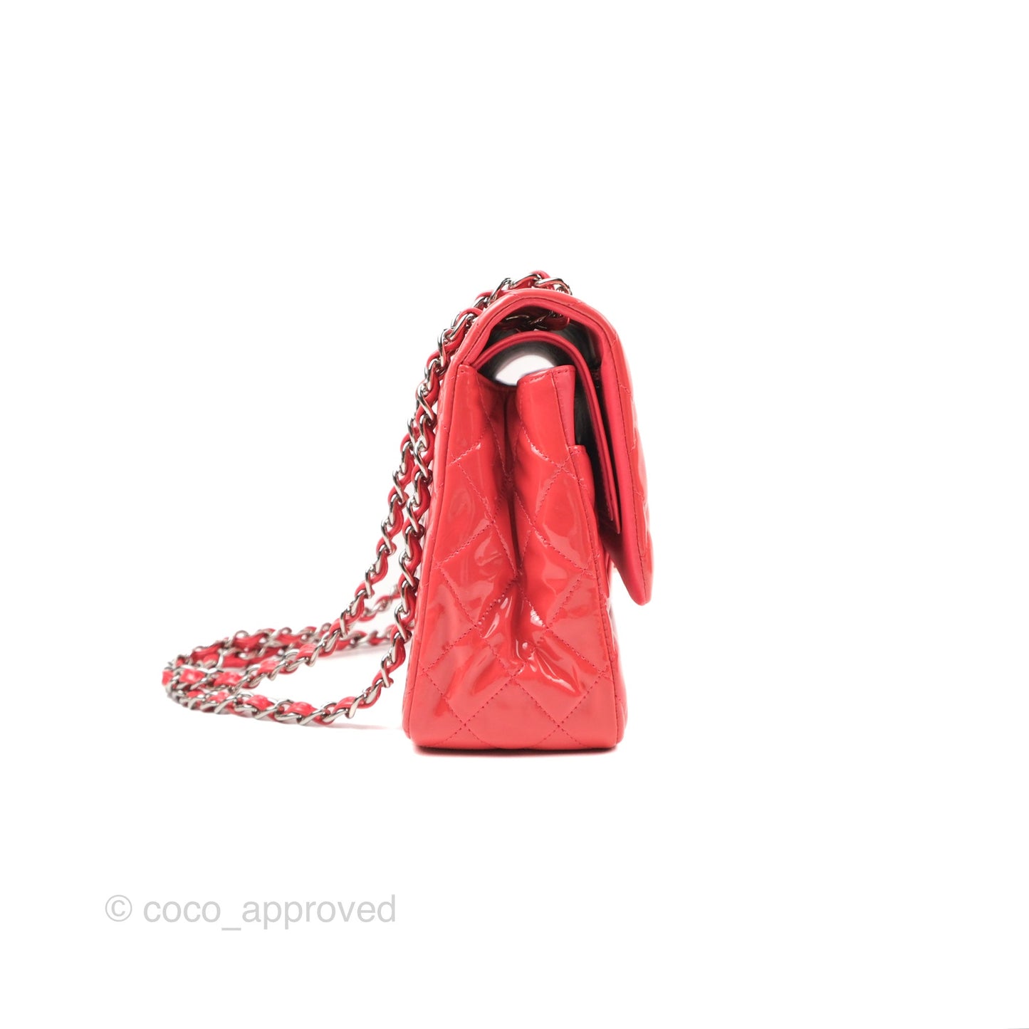 Chanel Jumbo Double Flap Coral Pink Patent Silver Hardware⁣⁣
