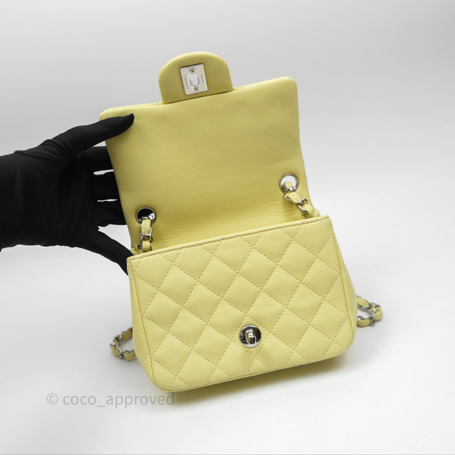 Chanel Mini Square Flap Quilted Yellow Lambskin Silver Hardware
