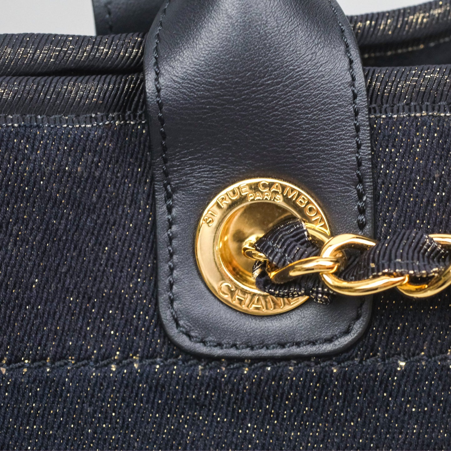 Chanel Large Deauville Navy Glitter Canvas Gold Hardware