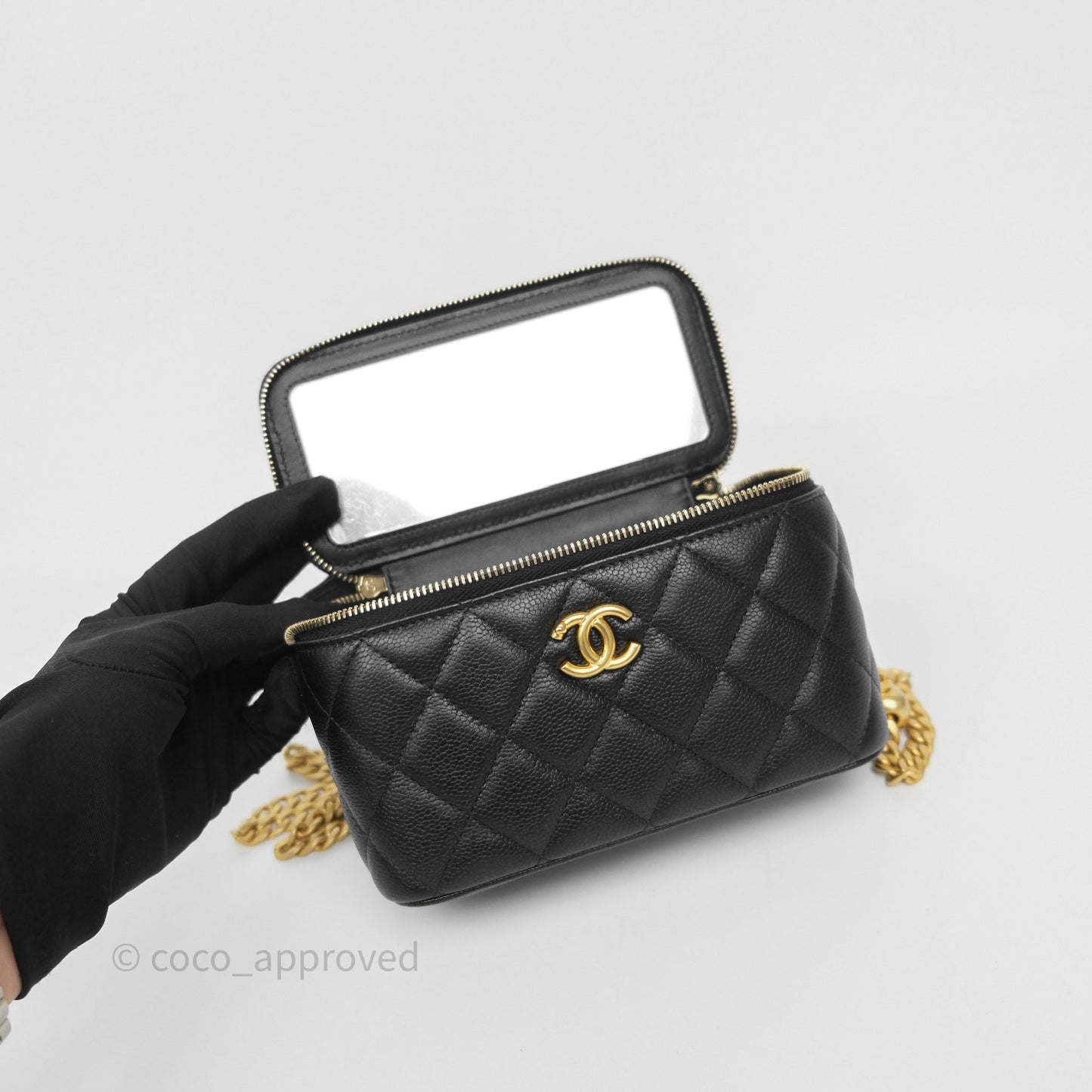 Chanel Vanity with Heart Adjustable Chain Black Caviar Aged Gold Hardware