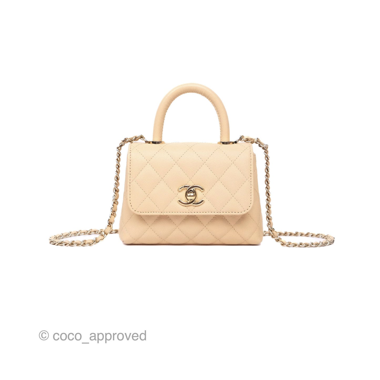 Chanel Coco Handle Clutch with Chain Quilted Beige Caviar Gold Hardware
