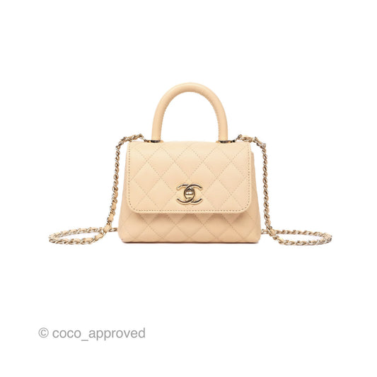 Chanel Coco Handle Clutch with Chain Quilted Beige Caviar Gold Hardware
