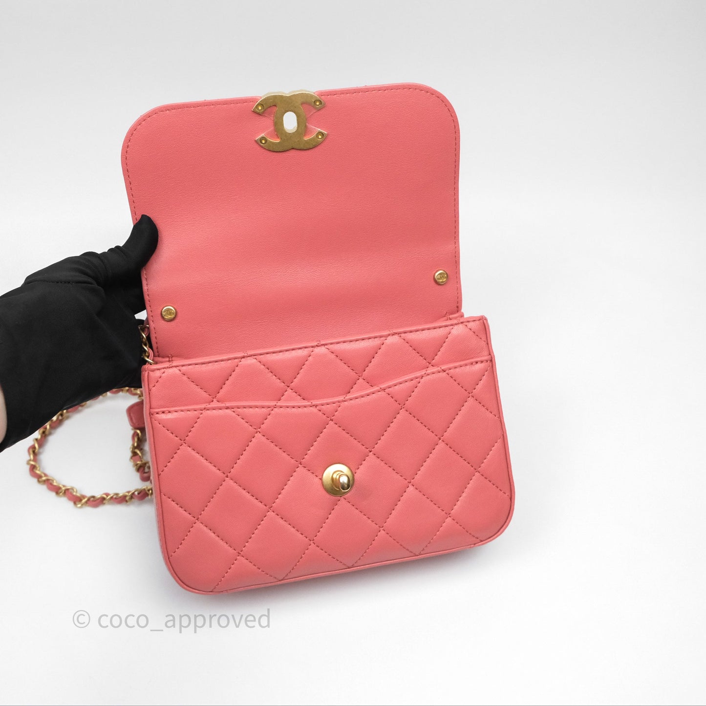 Chanel Quilted Small Chain Infinity Handle Bag Pink Lambskin Aged Gold Hardware