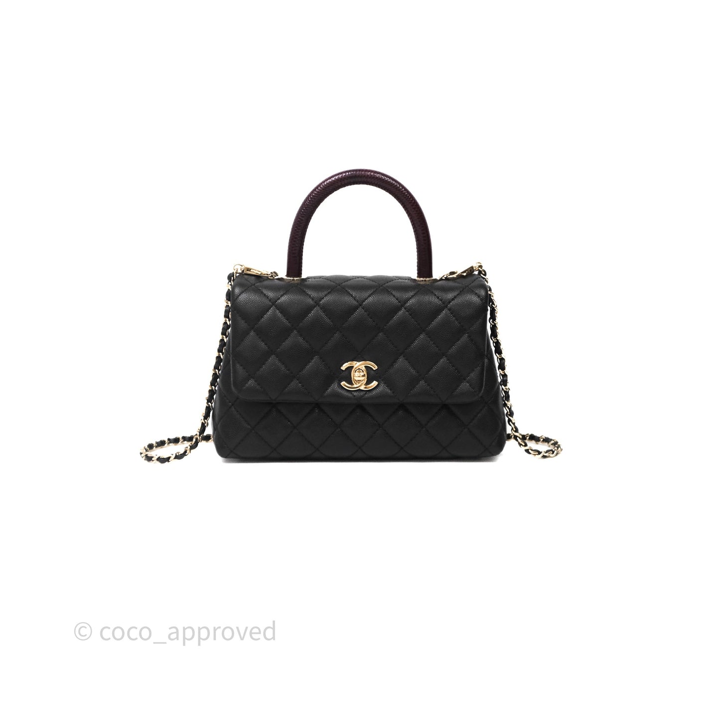 Chanel Small Coco Handle Quilted Black Caviar Aged Gold Hardware Lizard Handle