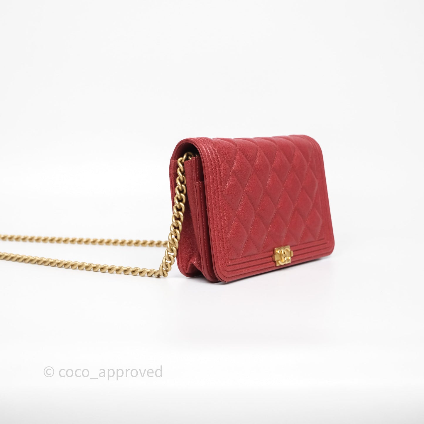 Chanel Boy Wallet on Chain WOC Red Caviar Aged Gold Hardware