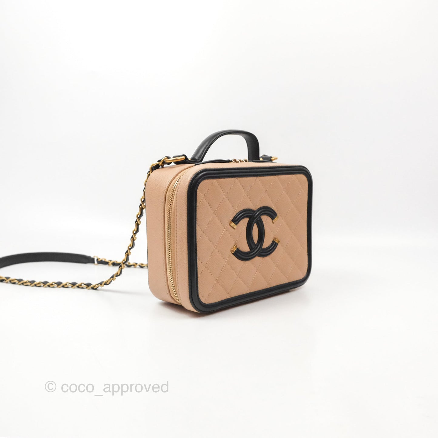 Chanel Quilted Medium CC Filigree Vanity Case Beige Black Caviar Gold Hardware