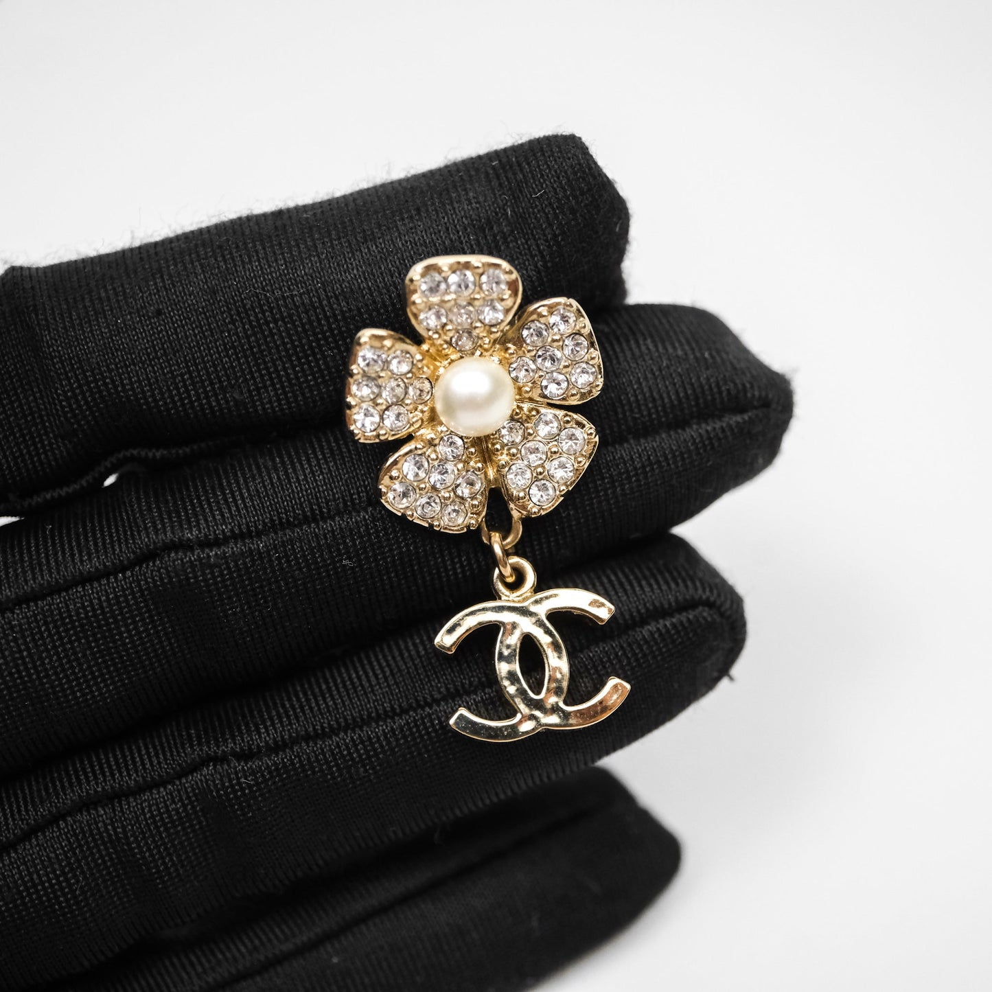 Chanel Crystals Pearl Flower Drop CC Earrings Gold Tone 23S