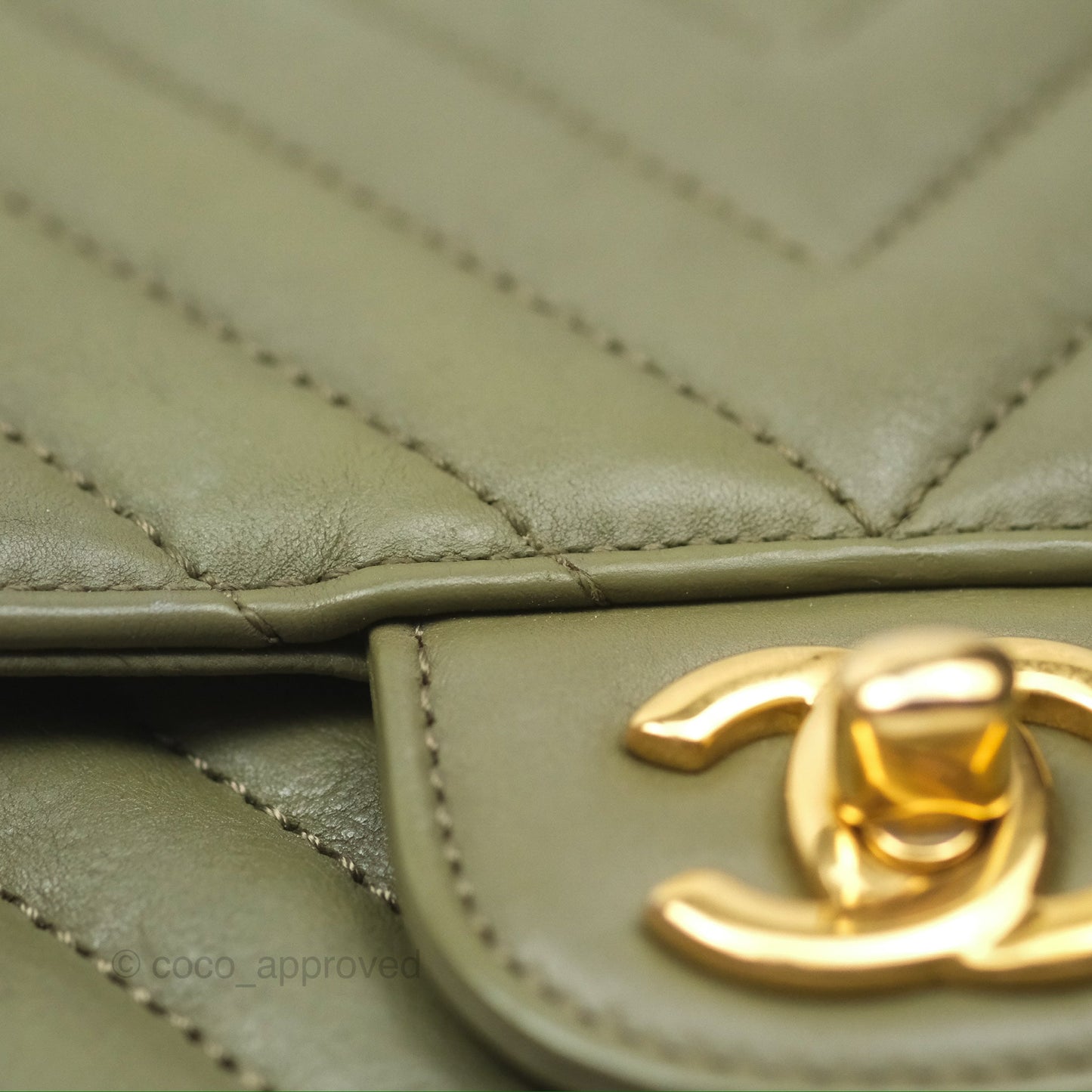 Chanel Mini Square Flap Chevron Olive Green Calfskin Gold Hardware