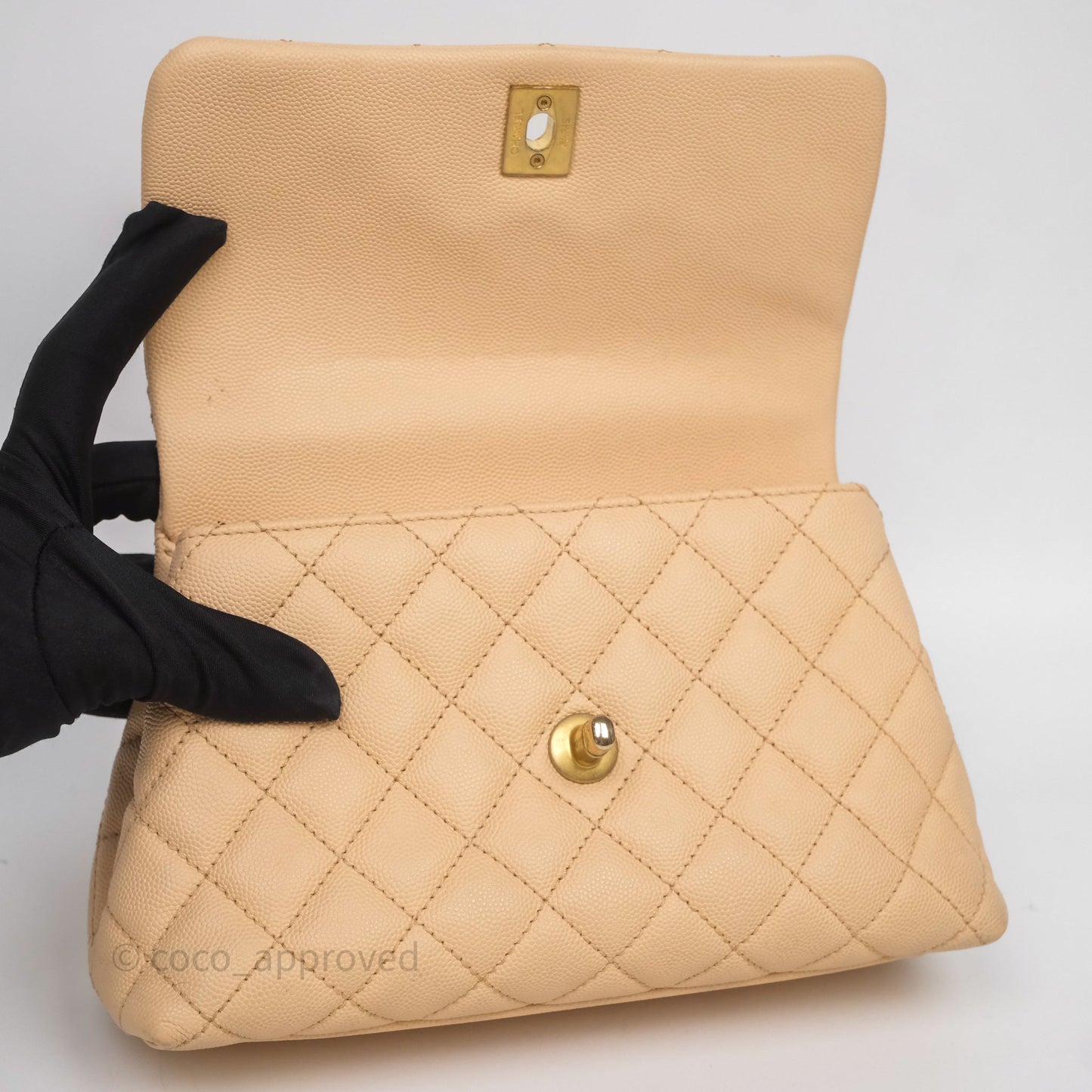 Chanel Small Coco Handle Quilted Beige Caviar Aged Gold Hardware