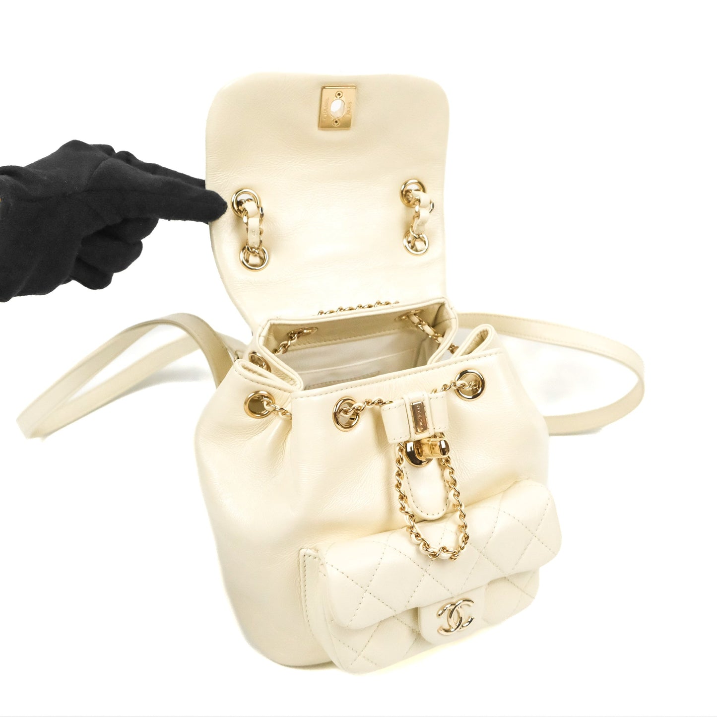 Chanel Quilted Small Duma Drawstring Backpack Ivory White Calfskin Gold Hardware