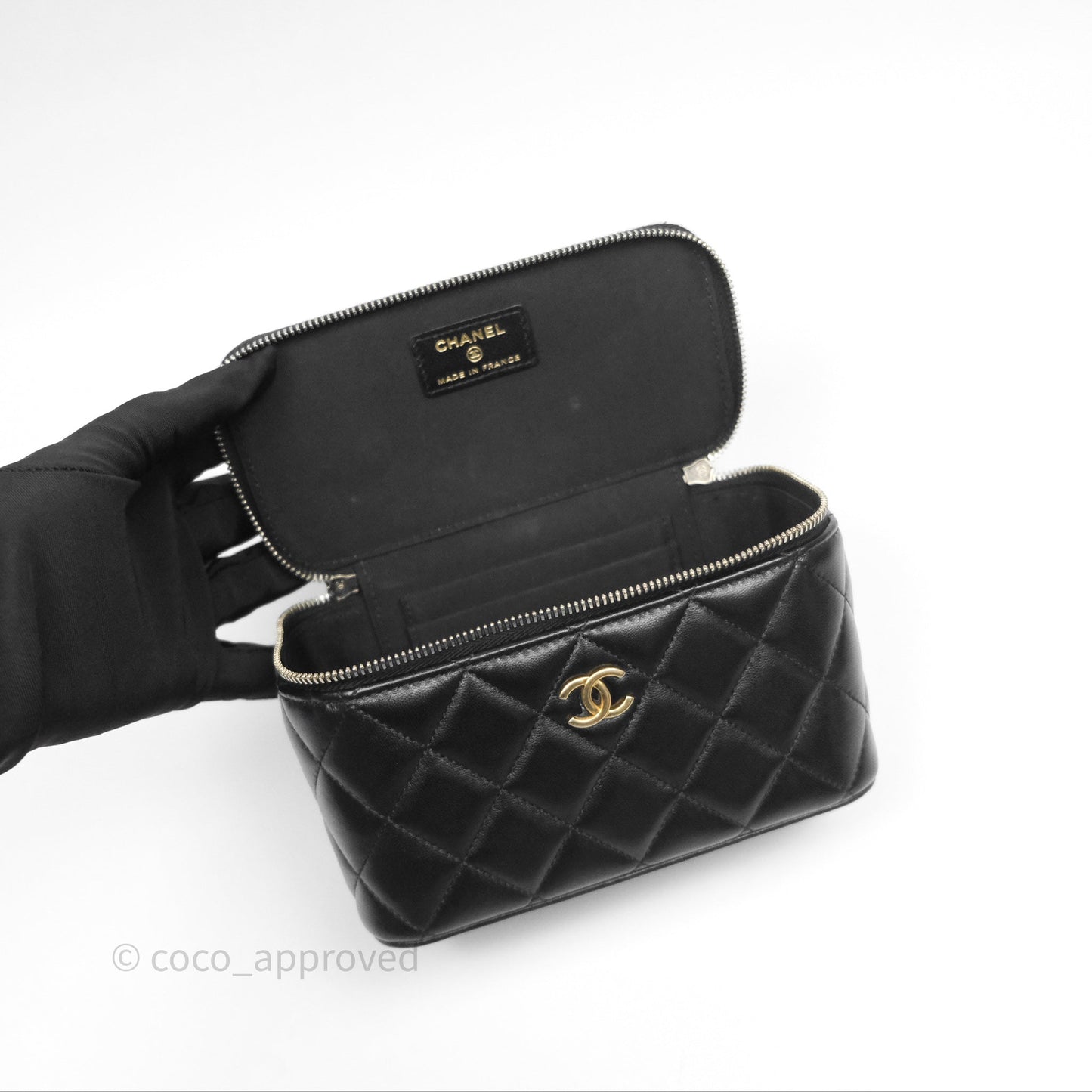 Chanel Vanity Rectangular Top Handle Black Lambskin Aged Gold Hardware