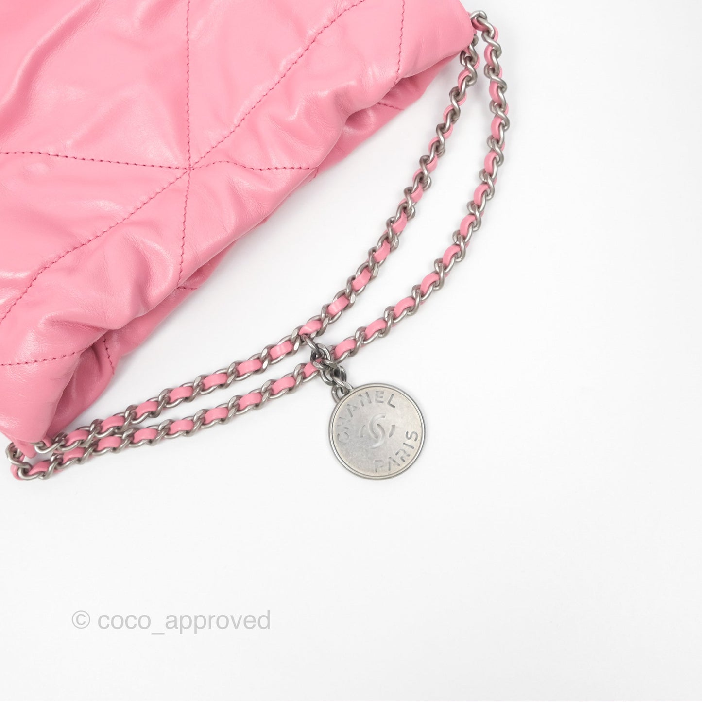 Chanel 22 Mini Bag Pink Crumpled Calfskin Aged Silver Hardware