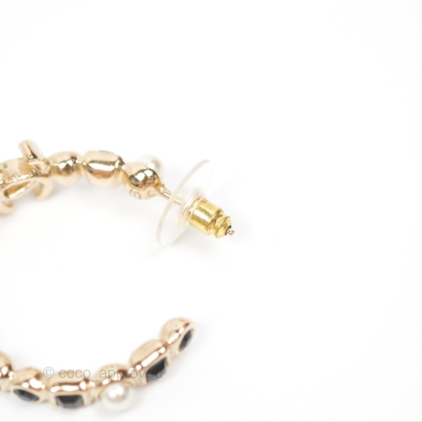 Chanel CC Pearl Black Rhinestone Hoop Earrings Gold Tone 23V