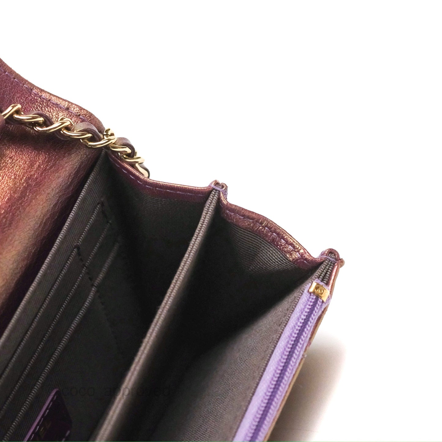 Chanel Quilted Mini Wallet on Chain WOC Iridescent Purple Gold Hardware