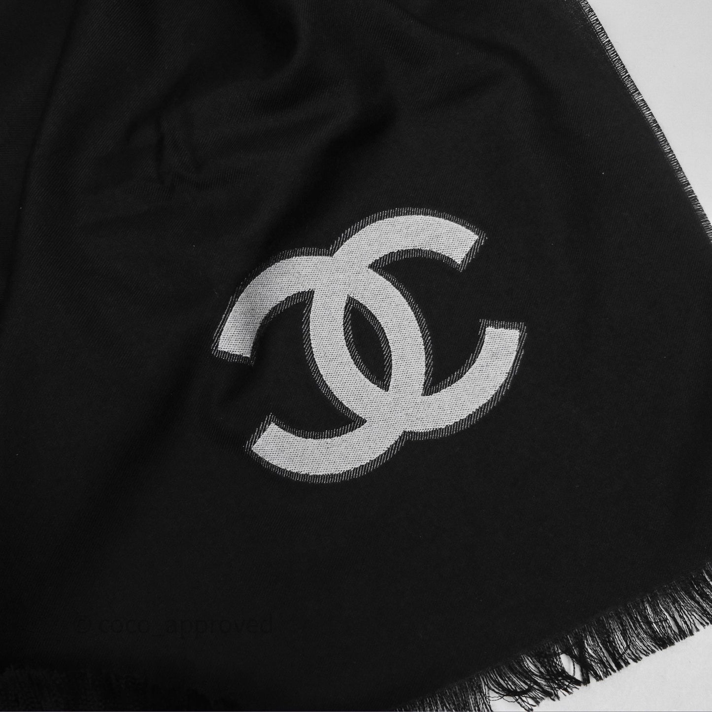 Chanel CC Logo Scarf Stole Black/ White Cashmere Silk