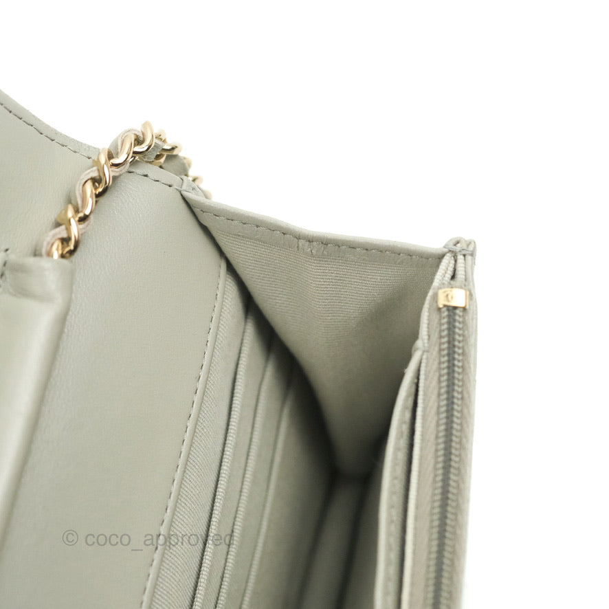 Chanel Quilted Classic Wallet on Chain WOC Light Grey Lambskin Gold Hardware