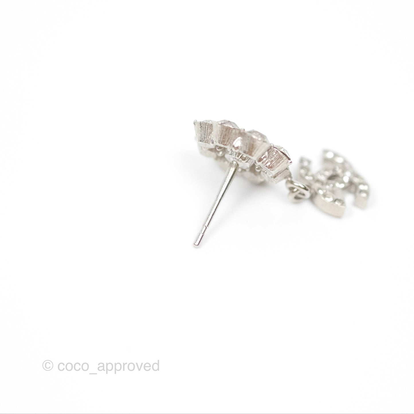 Chanel Crystal CC Flower Earrings Silver Tone 15A