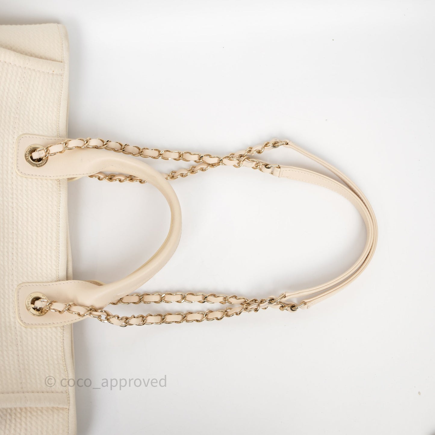 Chanel New Small Deauville Cream Ivory Canvas Light Gold Hardware