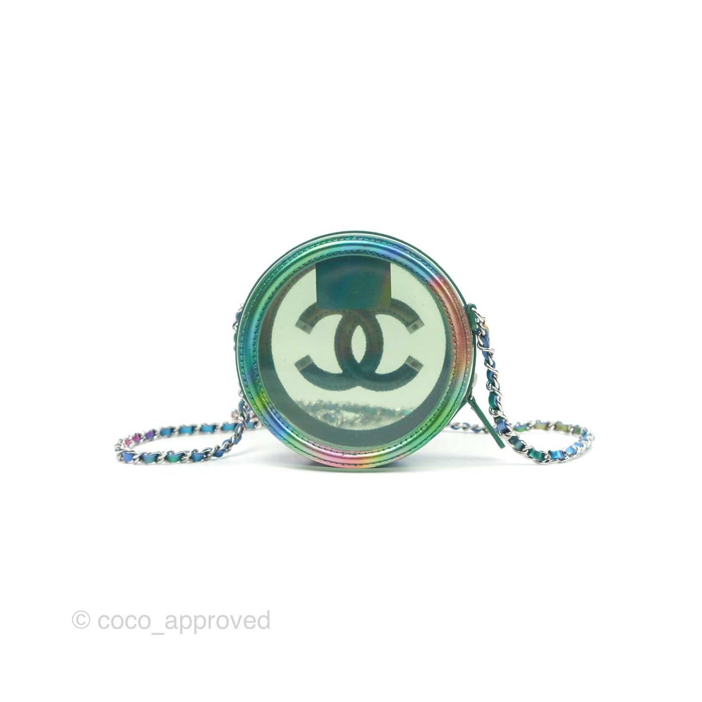 Chanel Filigree Rainbow Green PVC Round Clutch With Chain Silver Hardware 20C