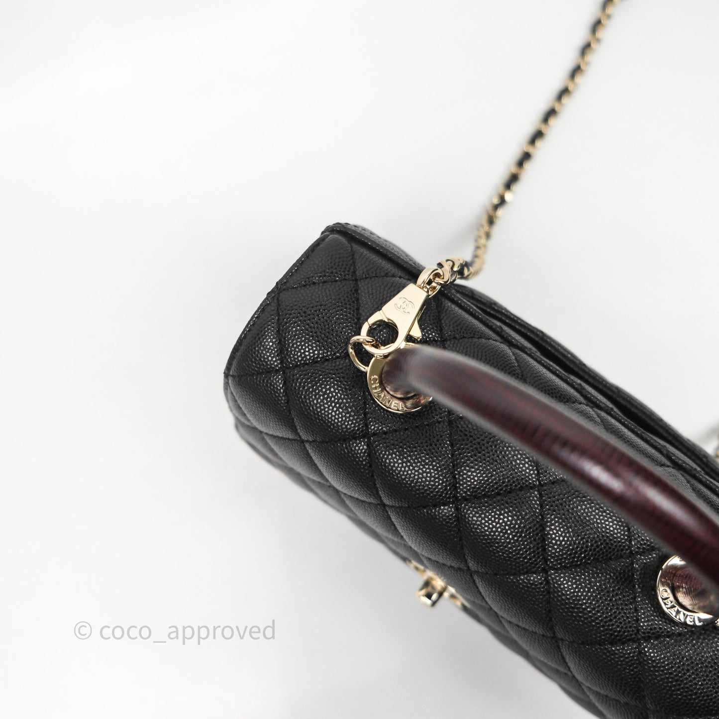 Chanel Mini Coco Handle Quilted Black Caviar Light Gold Hardware Lizard Embossed Handle
