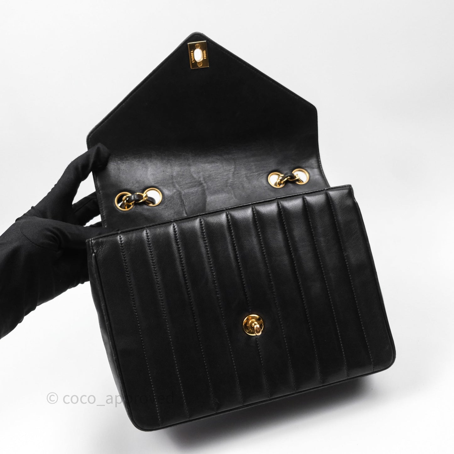 Chanel Vintage Chevron Envelope Flap Bag Black Lambskin 24K Gold Hardware
