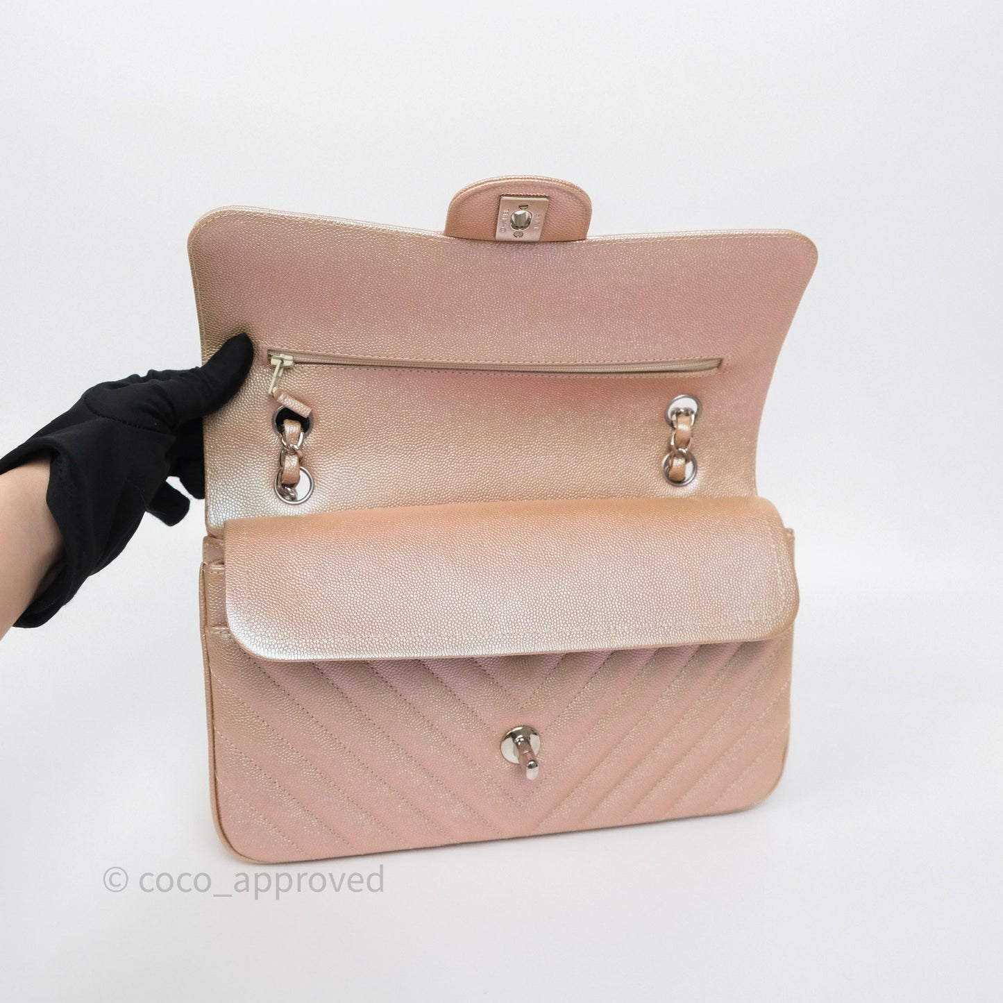Chanel Classic Medium Double Flap Chevron Iridescent Rose Gold Pink Caviar 17B