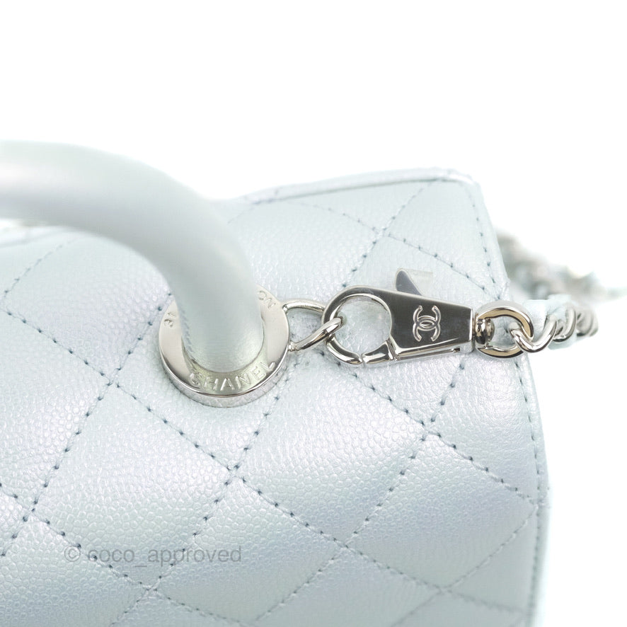 Chanel Small Coco Handle Quilted Iridescent Light Blue Caviar Rainbow Hardware
