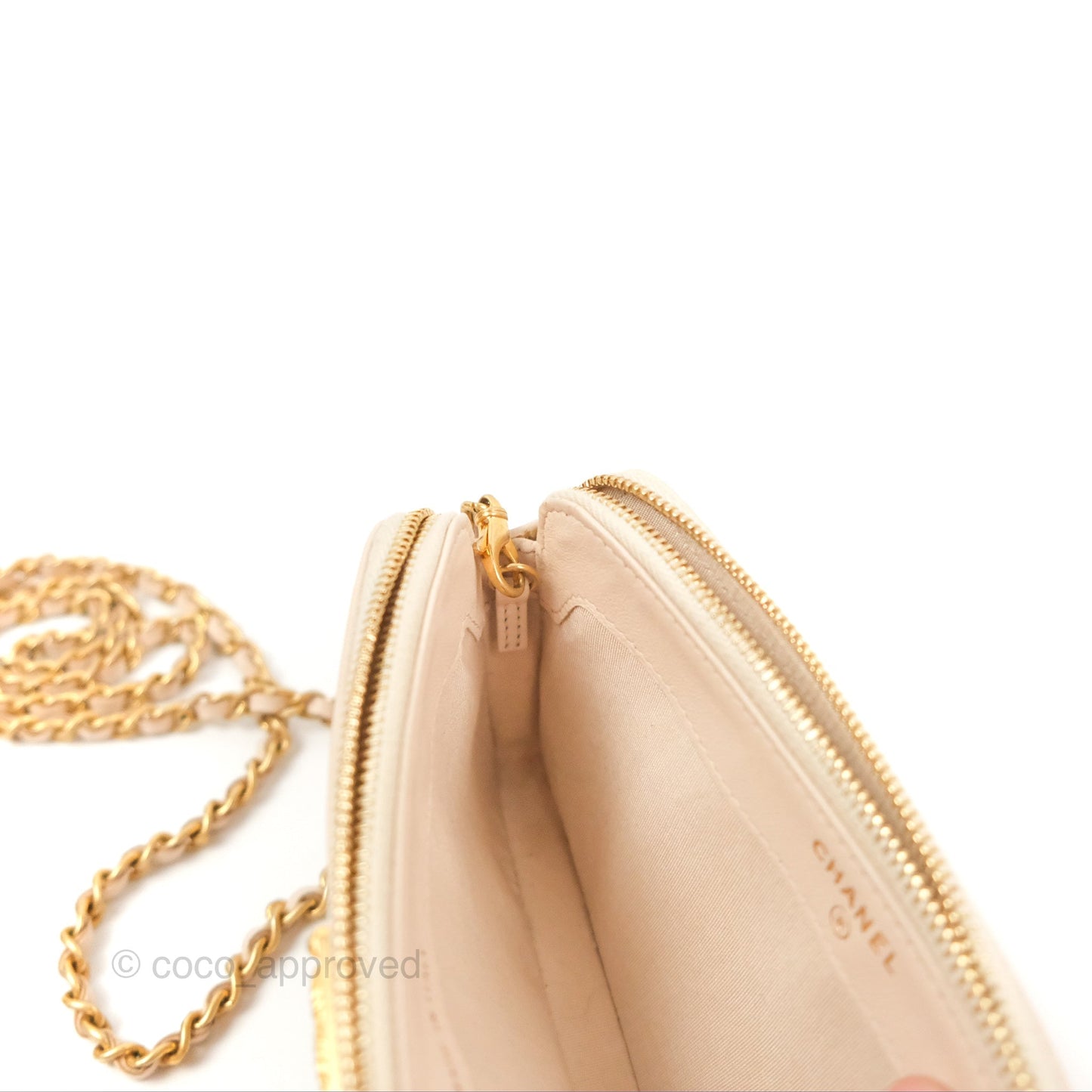 Chanel Boy Double Zip Clutch On Chain Chevron Pale Beige Aged Gold Hardware