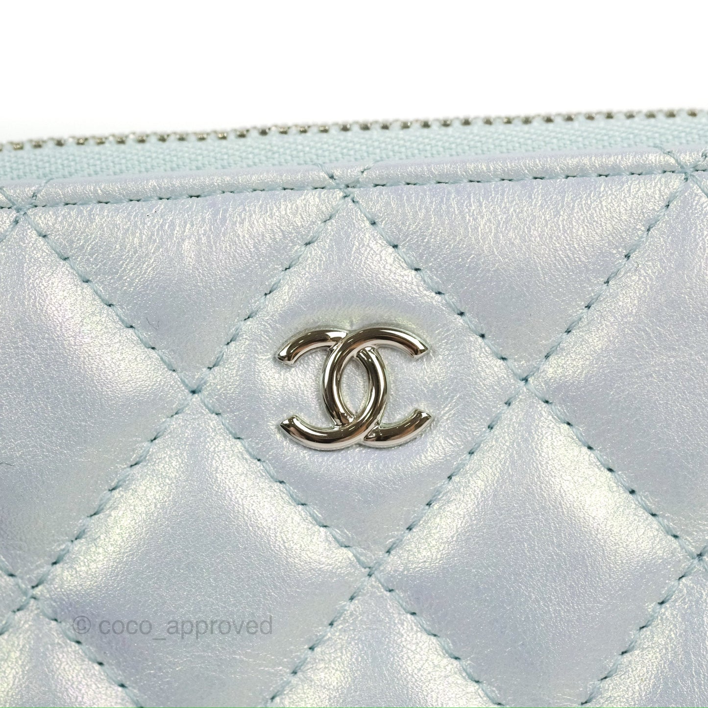 Chanel Quilted Mini O Case Iridescent Icy Blue Calfskin Silver Hardware