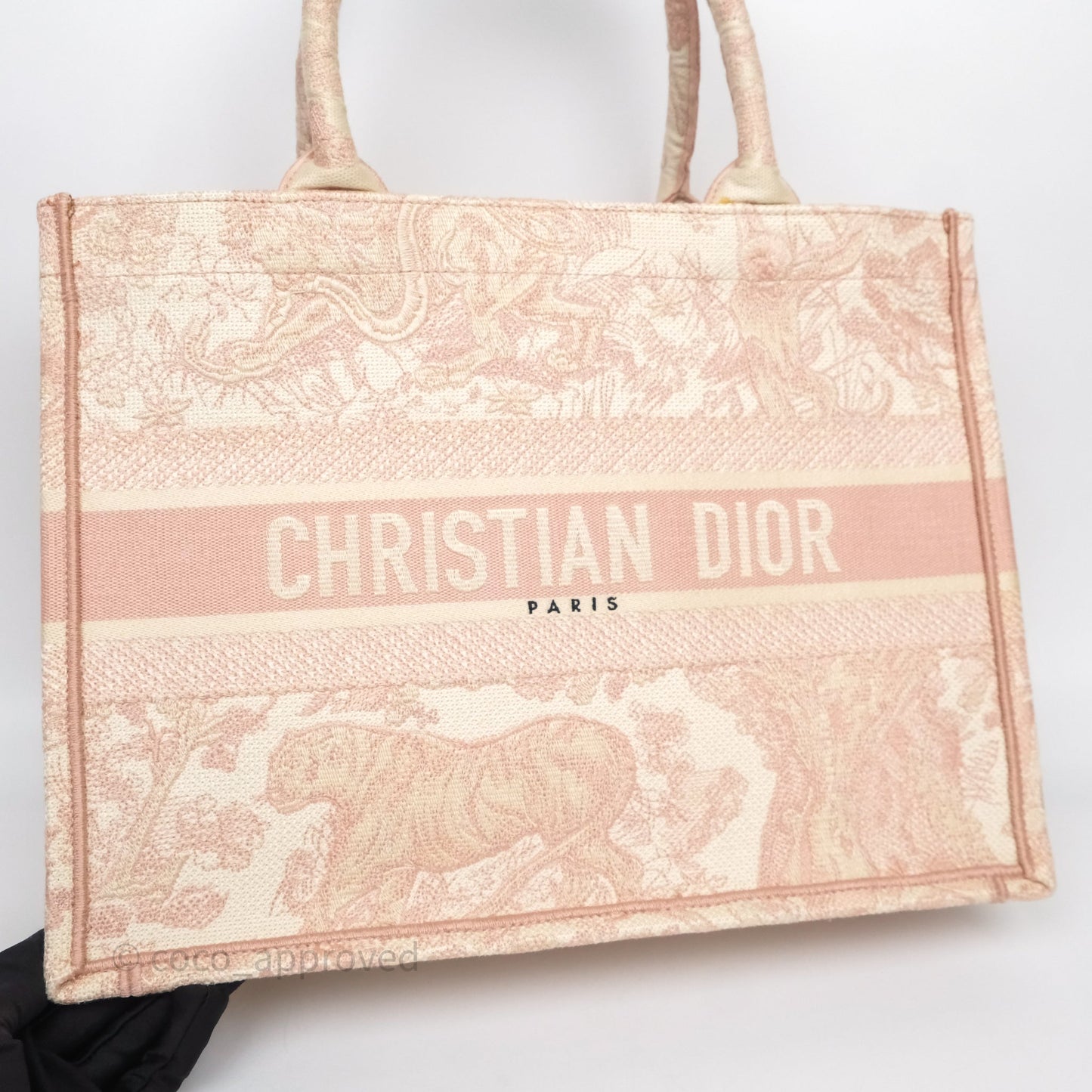 Christian Dior Medium Book Tote Ecru and Pink Toile de Jouy Embroidery
