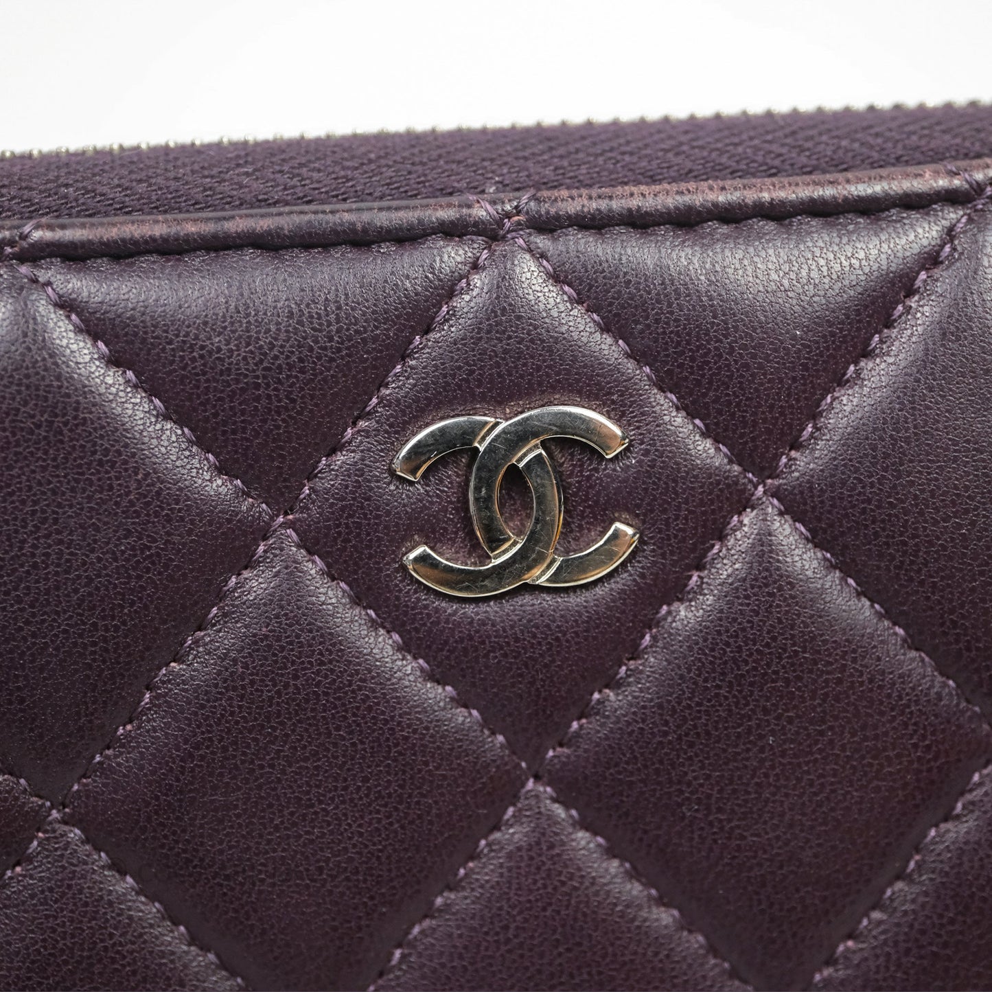 Chanel Classic Zipped Long Wallet Dark Purple Lambskin Silver Hardware
