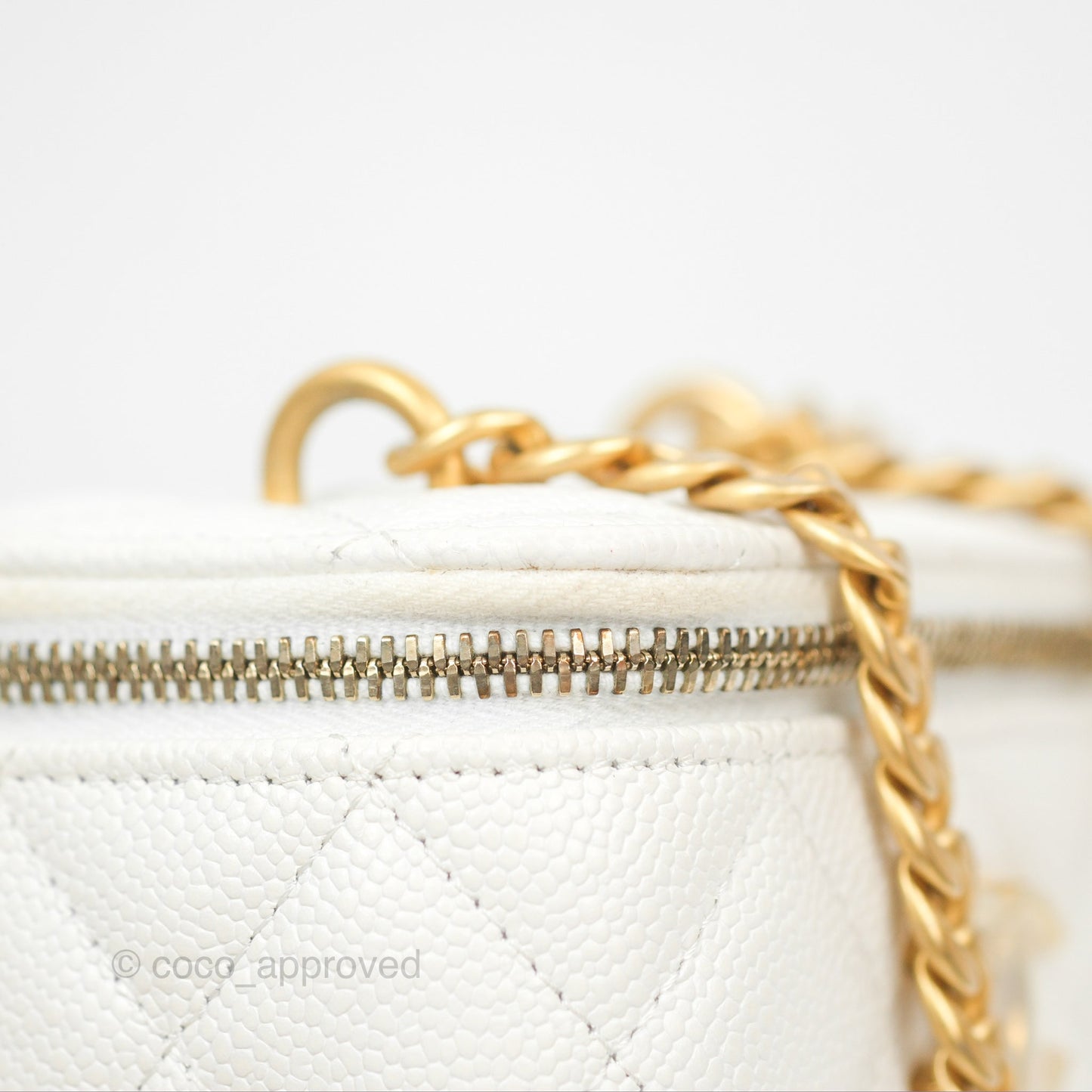 Chanel Quilted Heart Crush Mini Vanity With Chain White Caviar Aged Gold Hardware