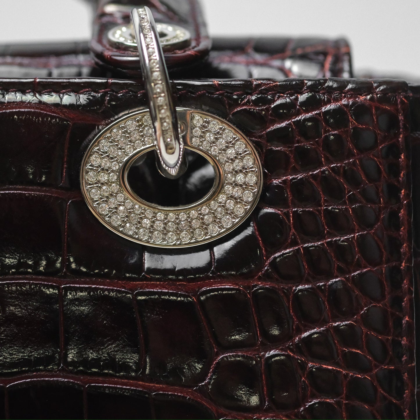 Christian Dior Small Lady Dior Shiny Crocodile Burgundy Diamond Hardware