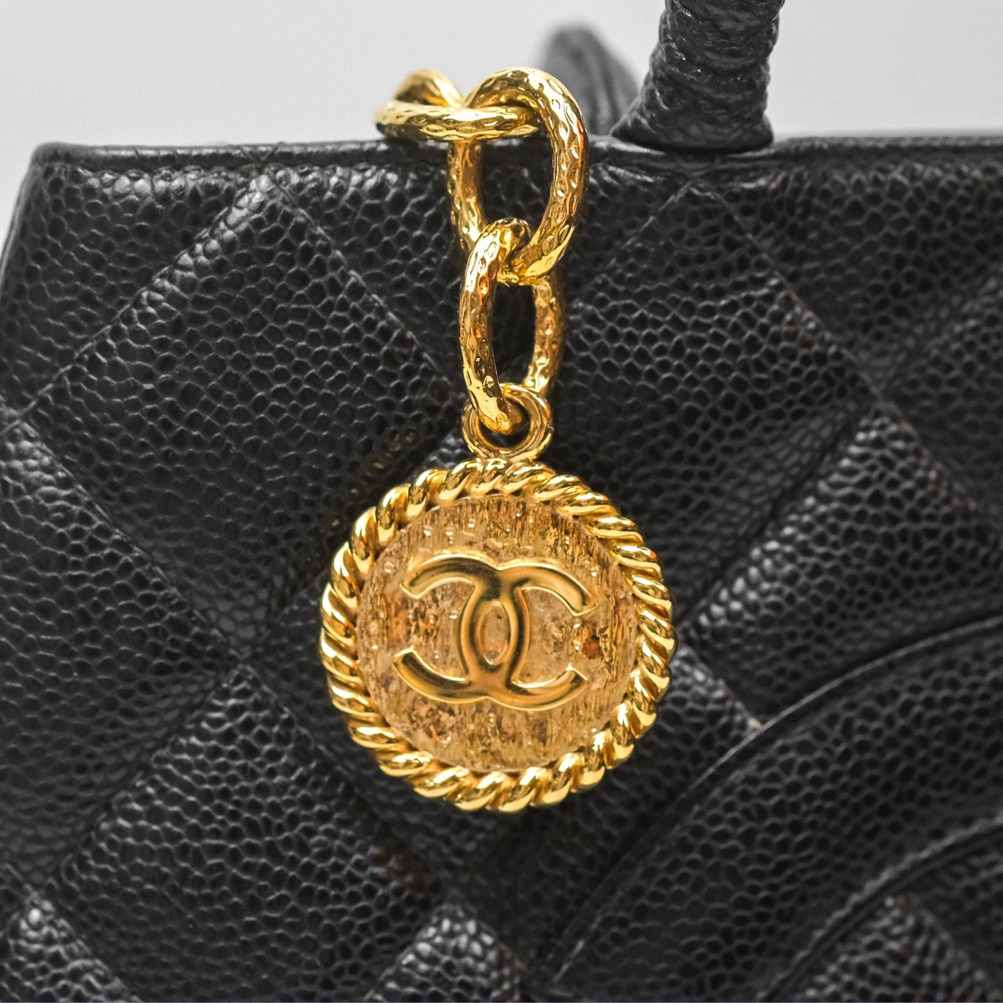 Chanel Vintage Medallion CC Black Caviar Tote Bag Gold Hardware