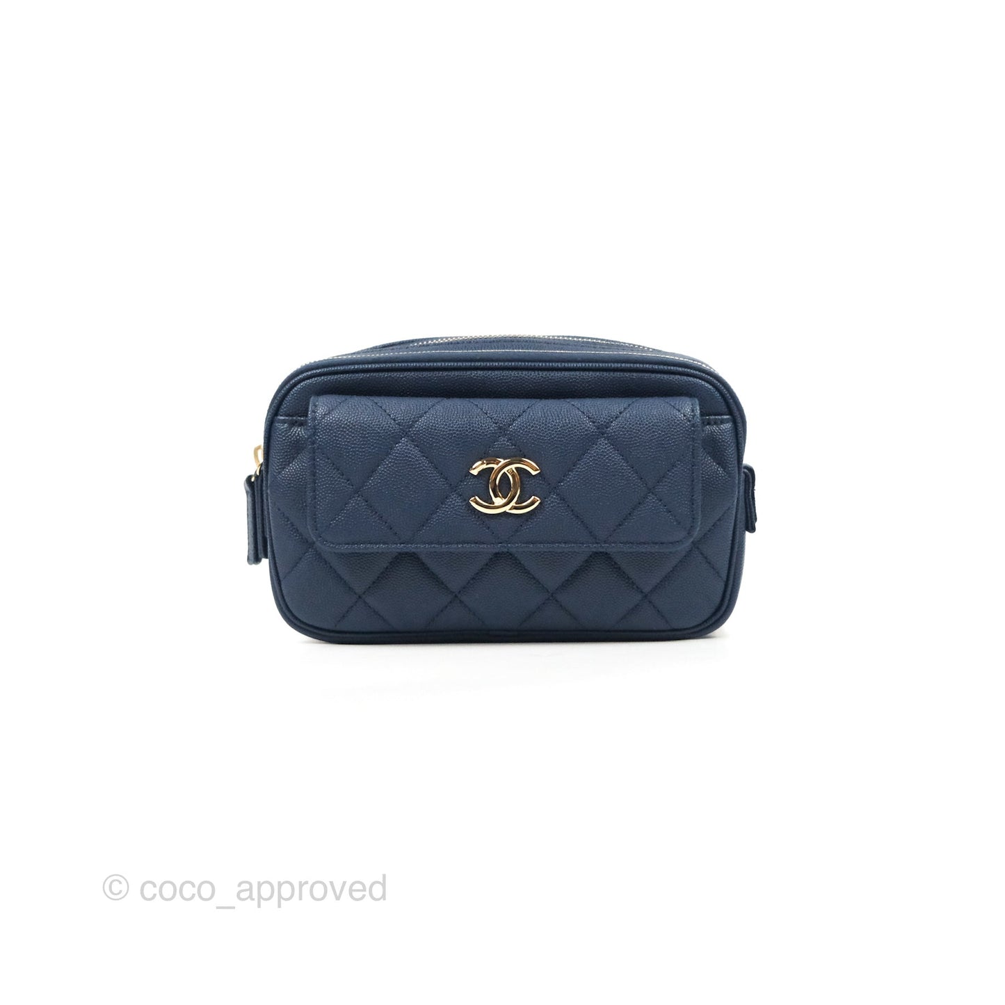 Chanel Quilted Caviar Waist Bag Navy Gold Hardware With Detachable Pouch